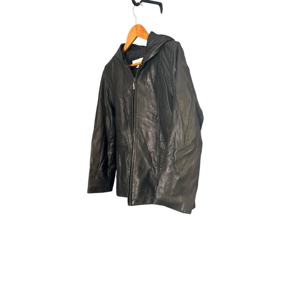 Liz Claiborne Black Leather Hooded Jacket M - Soft Zip-Up Coat - Picture 2 of 4